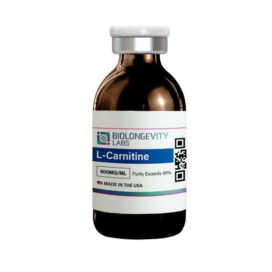 Amber glass vial of Biolongevity Labs L-Carnitine, 600MG/ML, with purity exceeding 99%, made in the USA.