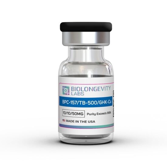 Glass vial with sealed cap labeled BPC-157/TB-500/GHK-Cu 10MG/10MG/50MG 99% Purity from Biolongevity Labs.